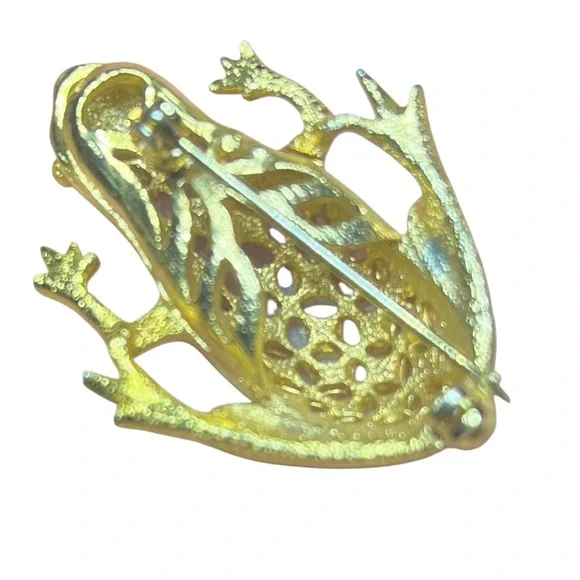 Vintage Gold Tone Frog Brooch with Emerald Green Accents - Picture 6 of 6